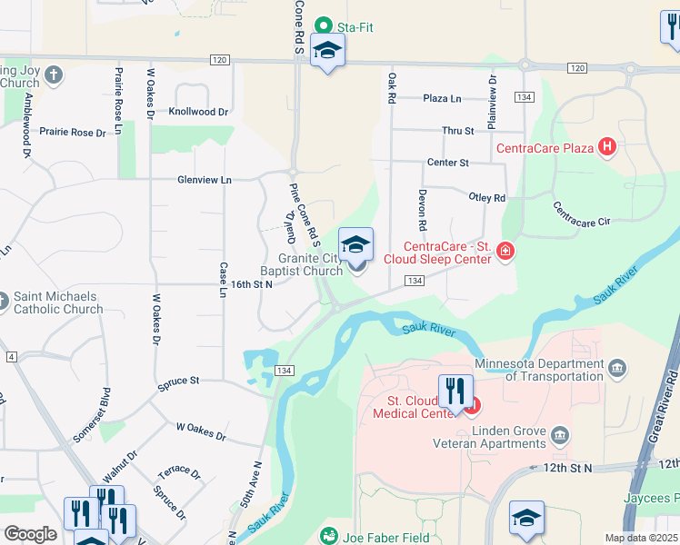 map of restaurants, bars, coffee shops, grocery stores, and more near 1530 Pine Cone Road South in St. Cloud