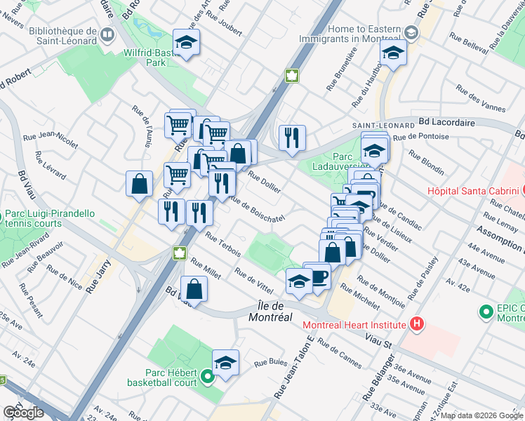 map of restaurants, bars, coffee shops, grocery stores, and more near 7637 Rue de Boischatel in Montréal