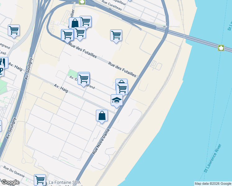 map of restaurants, bars, coffee shops, grocery stores, and more near 580 Rue Beauclerk in Montréal