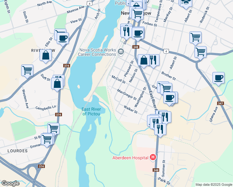 map of restaurants, bars, coffee shops, grocery stores, and more near Pleasant Street in New Glasgow