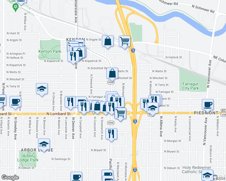 map of restaurants, bars, coffee shops, grocery stores, and more near 7722 North Interstate Avenue in Portland