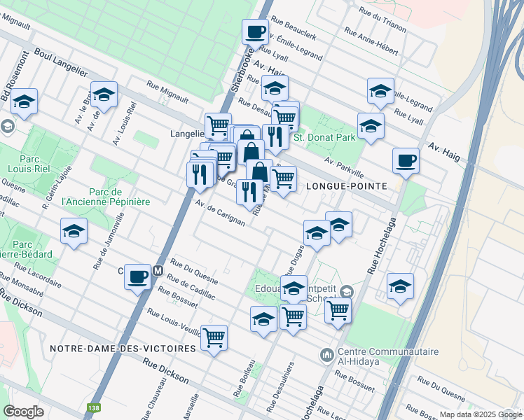 map of restaurants, bars, coffee shops, grocery stores, and more near 6390 Rue de Marseille in Montréal