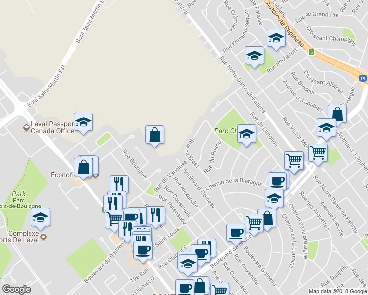map of restaurants, bars, coffee shops, grocery stores, and more near 630 Rue de Brest in Laval
