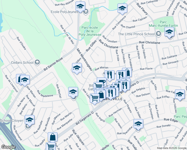 map of restaurants, bars, coffee shops, grocery stores, and more near 700 Montée Montrougeau in Laval
