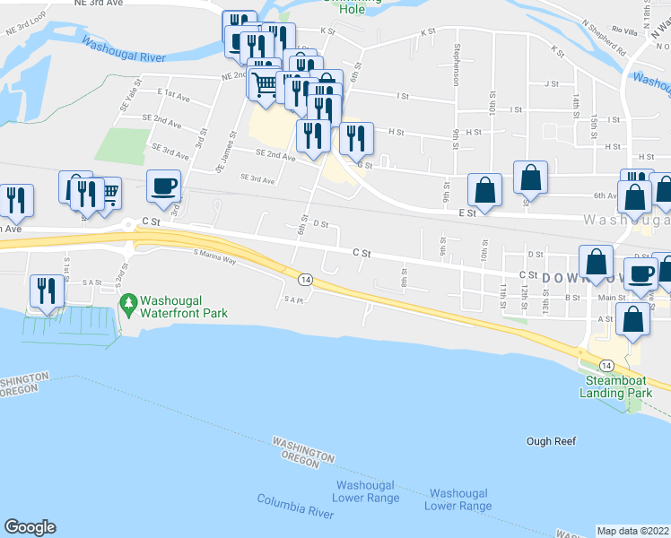 map of restaurants, bars, coffee shops, grocery stores, and more near 236 7th Street in Washougal