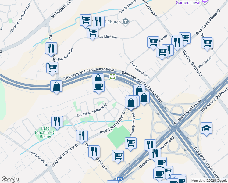 map of restaurants, bars, coffee shops, grocery stores, and more near 2750 Avenue Jacques-Bureau in Laval