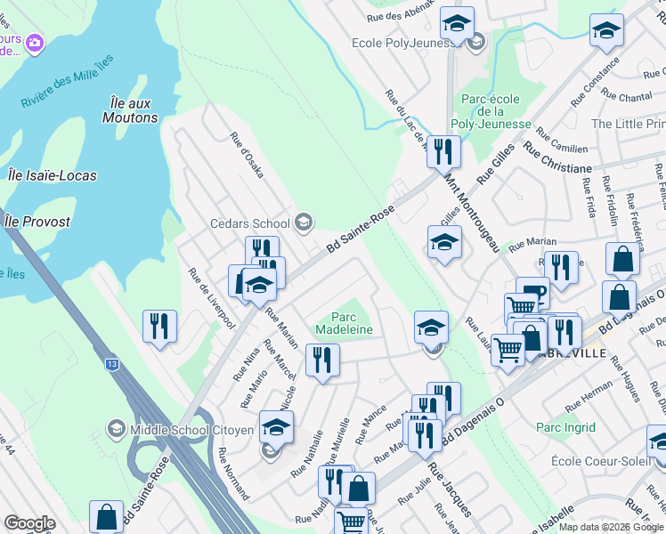 map of restaurants, bars, coffee shops, grocery stores, and more near 1062 Rue Martial in Laval