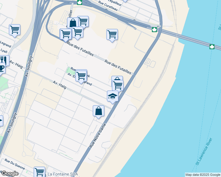 map of restaurants, bars, coffee shops, grocery stores, and more near 594 Rue Beauclerk in Montréal