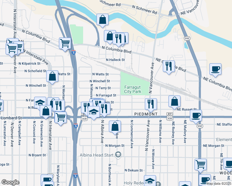 map of restaurants, bars, coffee shops, grocery stores, and more near 625 North Farragut Street in Portland
