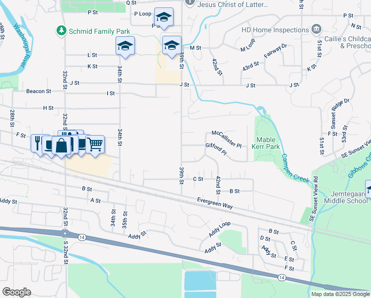 map of restaurants, bars, coffee shops, grocery stores, and more near 406 39th Street in Washougal