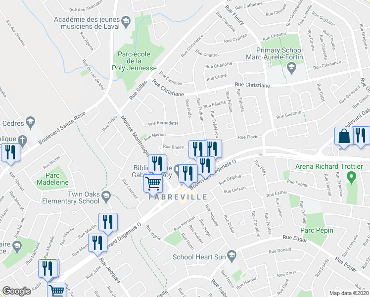 map of restaurants, bars, coffee shops, grocery stores, and more near 470 Rue Blaise in Laval
