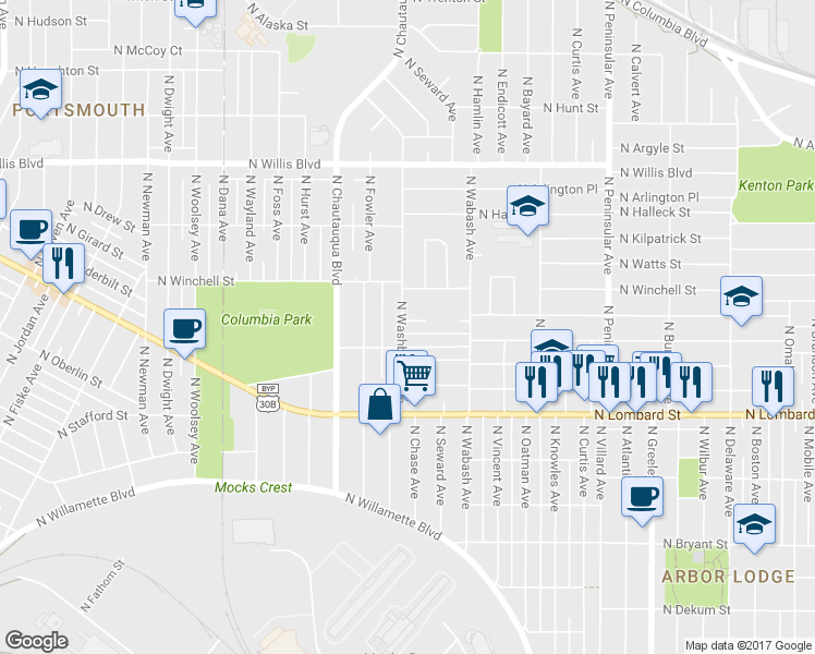 map of restaurants, bars, coffee shops, grocery stores, and more near 7710 North Washburne Avenue in Portland