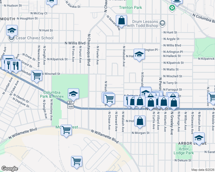 map of restaurants, bars, coffee shops, grocery stores, and more near 7710 North Washburne Avenue in Portland