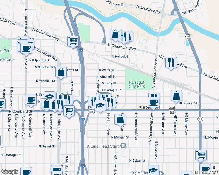 map of restaurants, bars, coffee shops, grocery stores, and more near 7715 North Albina Avenue in Portland