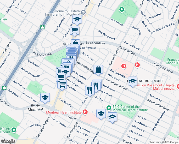 map of restaurants, bars, coffee shops, grocery stores, and more near 5482 Rue des Becquets in Montréal