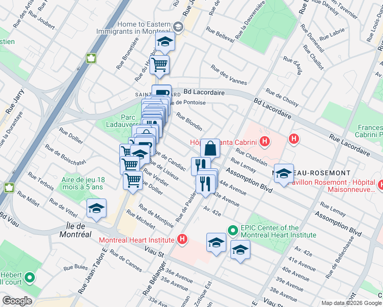 map of restaurants, bars, coffee shops, grocery stores, and more near 5482 Rue des Becquets in Montréal