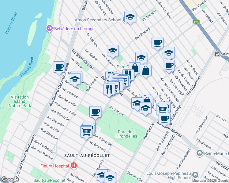 map of restaurants, bars, coffee shops, grocery stores, and more near 3177 Rue Fleury Est in Montréal