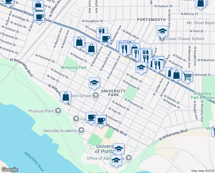 map of restaurants, bars, coffee shops, grocery stores, and more near 5407 North Princeton Street in Portland