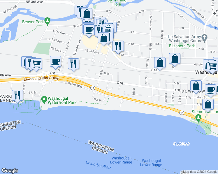 map of restaurants, bars, coffee shops, grocery stores, and more near 236 7th Street in Washougal