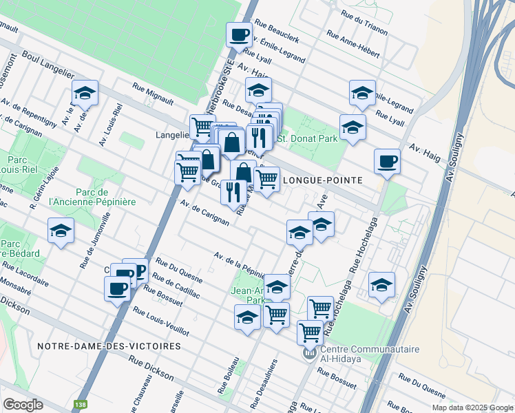 map of restaurants, bars, coffee shops, grocery stores, and more near 2955 Avenue de Repentigny in Montréal