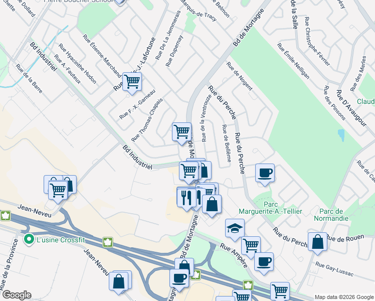 map of restaurants, bars, coffee shops, grocery stores, and more near 191 Boulevard de Mortagne in Boucherville