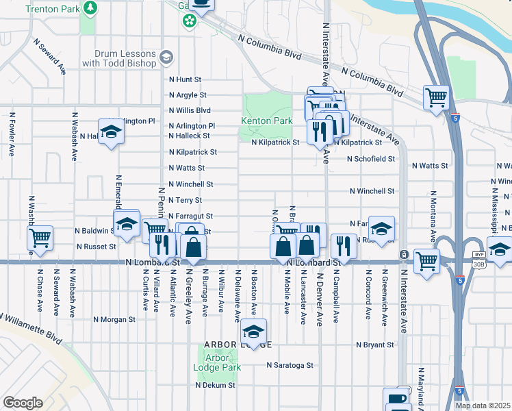 map of restaurants, bars, coffee shops, grocery stores, and more near 2400 North Terry Street in Portland