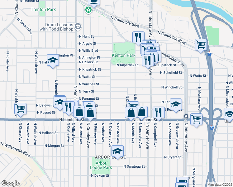 map of restaurants, bars, coffee shops, grocery stores, and more near 2414 North Terry Street in Portland