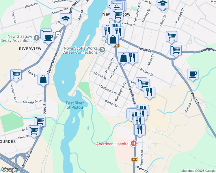 map of restaurants, bars, coffee shops, grocery stores, and more near 500 Nelson Street in New Glasgow