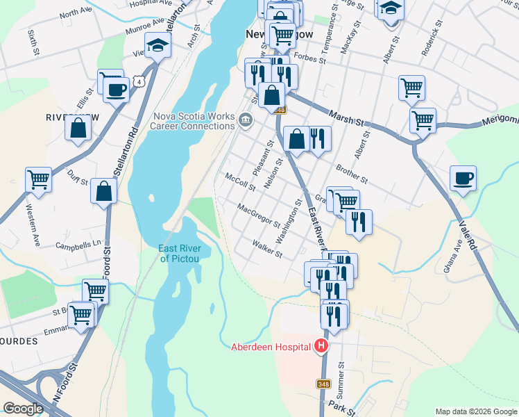 map of restaurants, bars, coffee shops, grocery stores, and more near 500 Nelson Street in New Glasgow