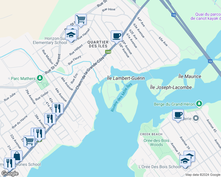 map of restaurants, bars, coffee shops, grocery stores, and more near 55 Chemin des Îles-Yale in Saint-Eustache