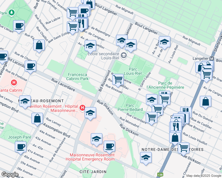 map of restaurants, bars, coffee shops, grocery stores, and more near 5800 Rue Bossuet in Montréal