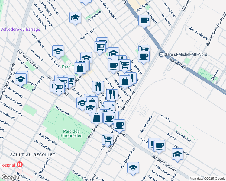 map of restaurants, bars, coffee shops, grocery stores, and more near 9984 Avenue des Laurentides in Montréal