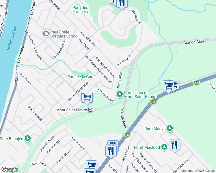 map of restaurants, bars, coffee shops, grocery stores, and more near 847 Cours de la Raffinerie in Mont-Saint-Hilaire