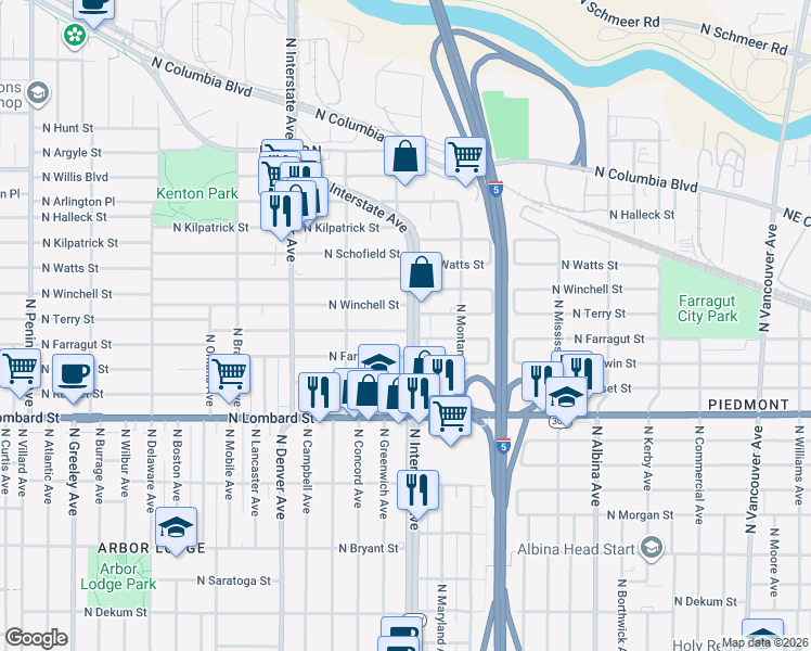 map of restaurants, bars, coffee shops, grocery stores, and more near 7668 North Interstate Avenue in Portland