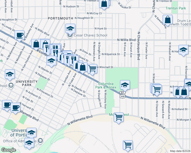 map of restaurants, bars, coffee shops, grocery stores, and more near 4641 North Lombard Street in Portland