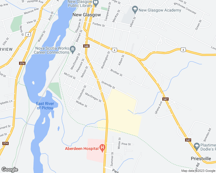 map of restaurants, bars, coffee shops, grocery stores, and more near 329 Granville Street in New Glasgow
