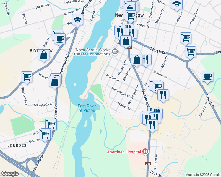 map of restaurants, bars, coffee shops, grocery stores, and more near 515 Pleasant Street in New Glasgow