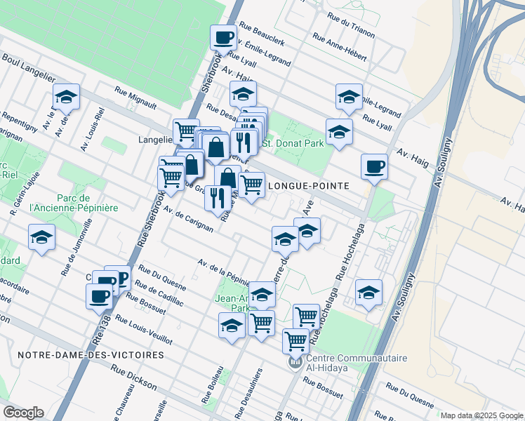 map of restaurants, bars, coffee shops, grocery stores, and more near Avenue de Granby in Montréal