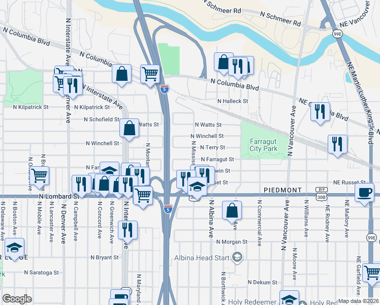 map of restaurants, bars, coffee shops, grocery stores, and more near 7676 North Mississippi Avenue in Portland