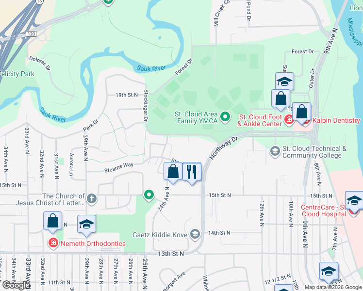 map of restaurants, bars, coffee shops, grocery stores, and more near 2403 Stearns Way in St. Cloud