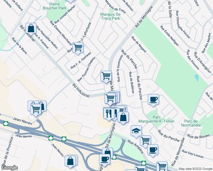 map of restaurants, bars, coffee shops, grocery stores, and more near 191 Boulevard de Mortagne in Boucherville
