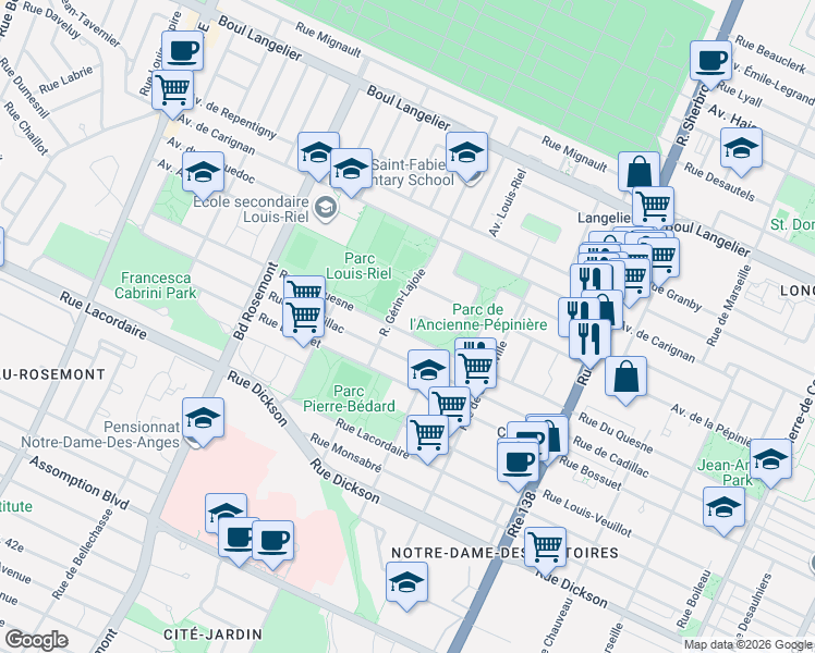 map of restaurants, bars, coffee shops, grocery stores, and more near 6055 Avenue Gérard-Morisset in Montréal