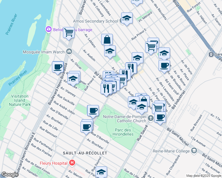 map of restaurants, bars, coffee shops, grocery stores, and more near 10338 Boulevard Saint-Michel in Montréal