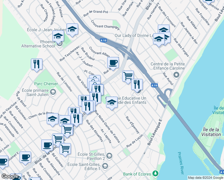map of restaurants, bars, coffee shops, grocery stores, and more near 900 Avenue J J Joubert in Laval