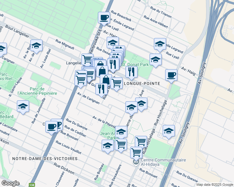 map of restaurants, bars, coffee shops, grocery stores, and more near 2940 Avenue de Granby in Montréal