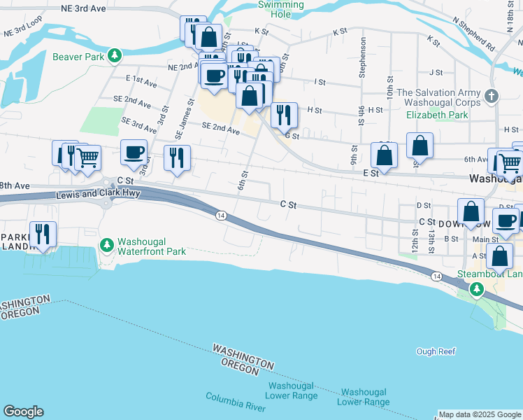 map of restaurants, bars, coffee shops, grocery stores, and more near 653 C Street in Washougal