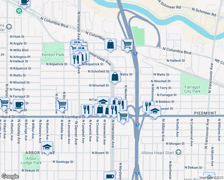 map of restaurants, bars, coffee shops, grocery stores, and more near 7850 North Interstate Avenue in Portland