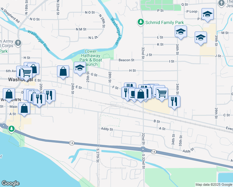 map of restaurants, bars, coffee shops, grocery stores, and more near 607 29th Street in Washougal