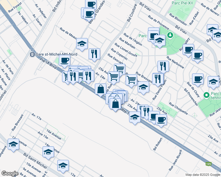 map of restaurants, bars, coffee shops, grocery stores, and more near 4160 43e Rue in Montréal