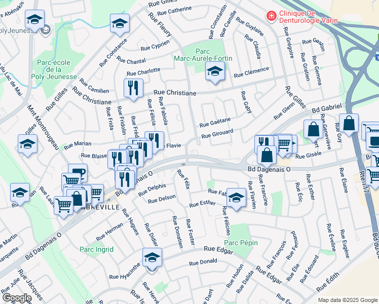 map of restaurants, bars, coffee shops, grocery stores, and more near 3289 Boulevard Dagenais Ouest in Laval